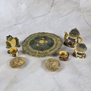 Resin Country Cottage Frog Prince Lily Pad Miniature Tea Set 10 Pieces